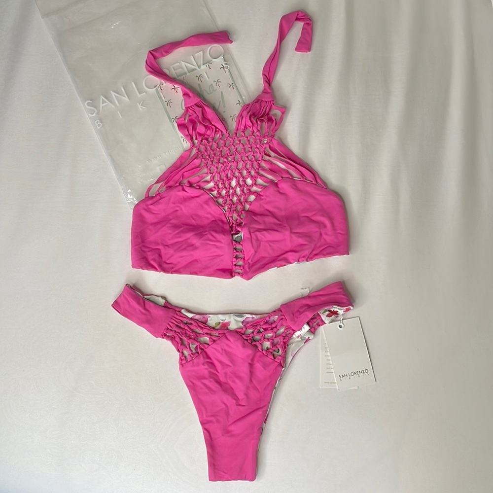 NWT 💖 San Lorenzo Hawaii reversible pink floral braided interlace bikini set